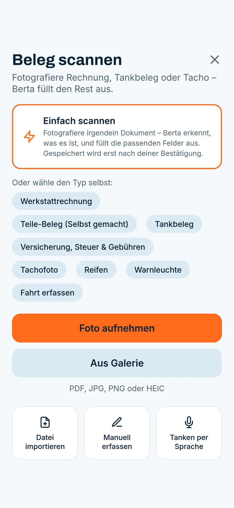 Scan-Bildschirm der Berta-App mit der Auswahl des Dokumenttyps und der Schaltfläche zum Fotografieren