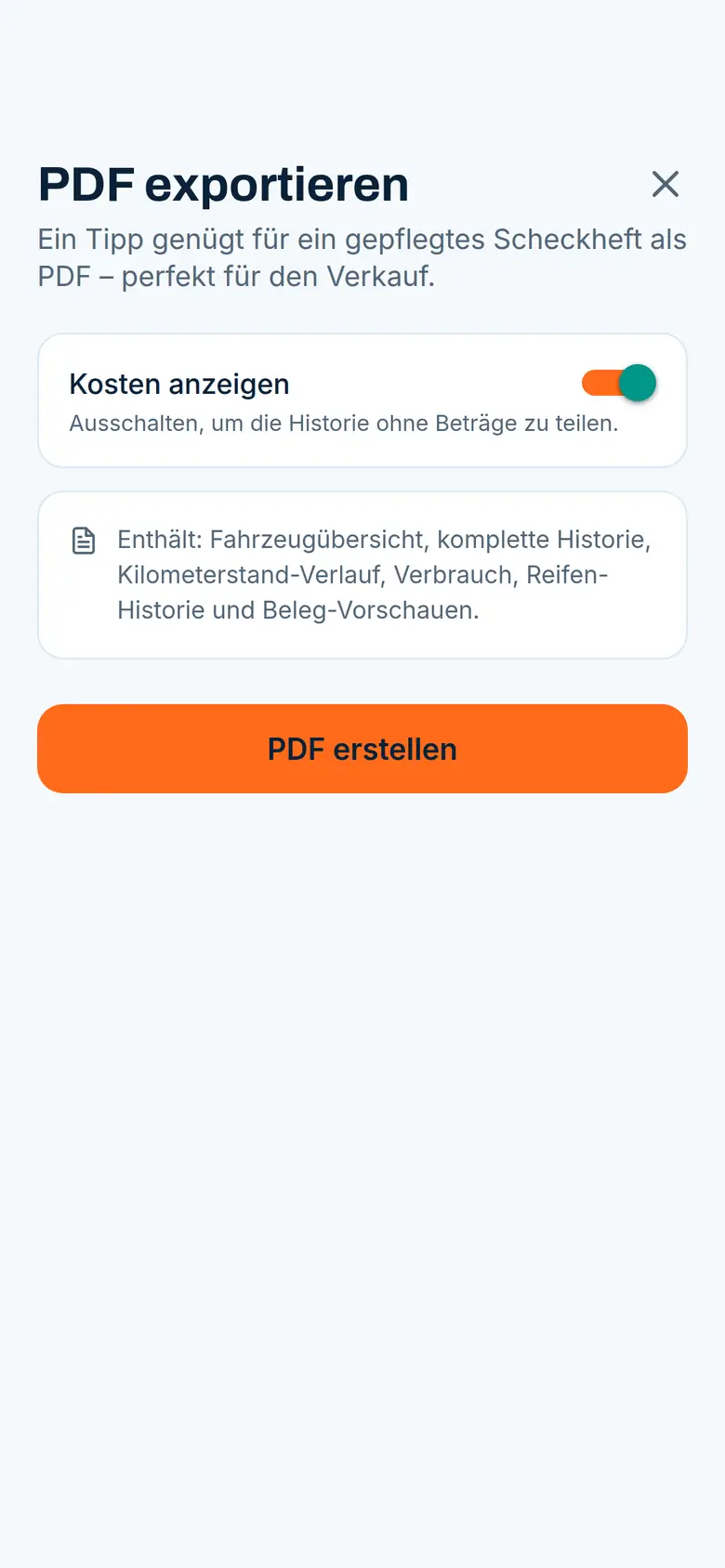 Export-Bildschirm der Berta-App zum Erstellen des Service-Historie-PDFs für den Verkauf