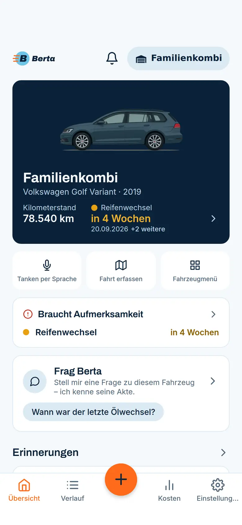 Startbildschirm der Berta-App: Fahrzeugkarte mit KI-Illustration des Kombis, Kilometerstand und nächster fälliger Erinnerung