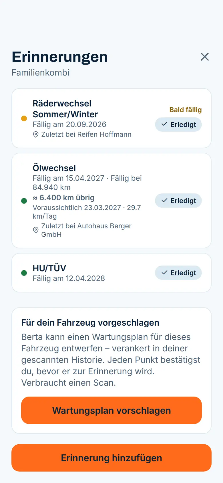 Erinnerungen der Berta-App mit Fälligkeiten für Räderwechsel, HU und Ölwechsel