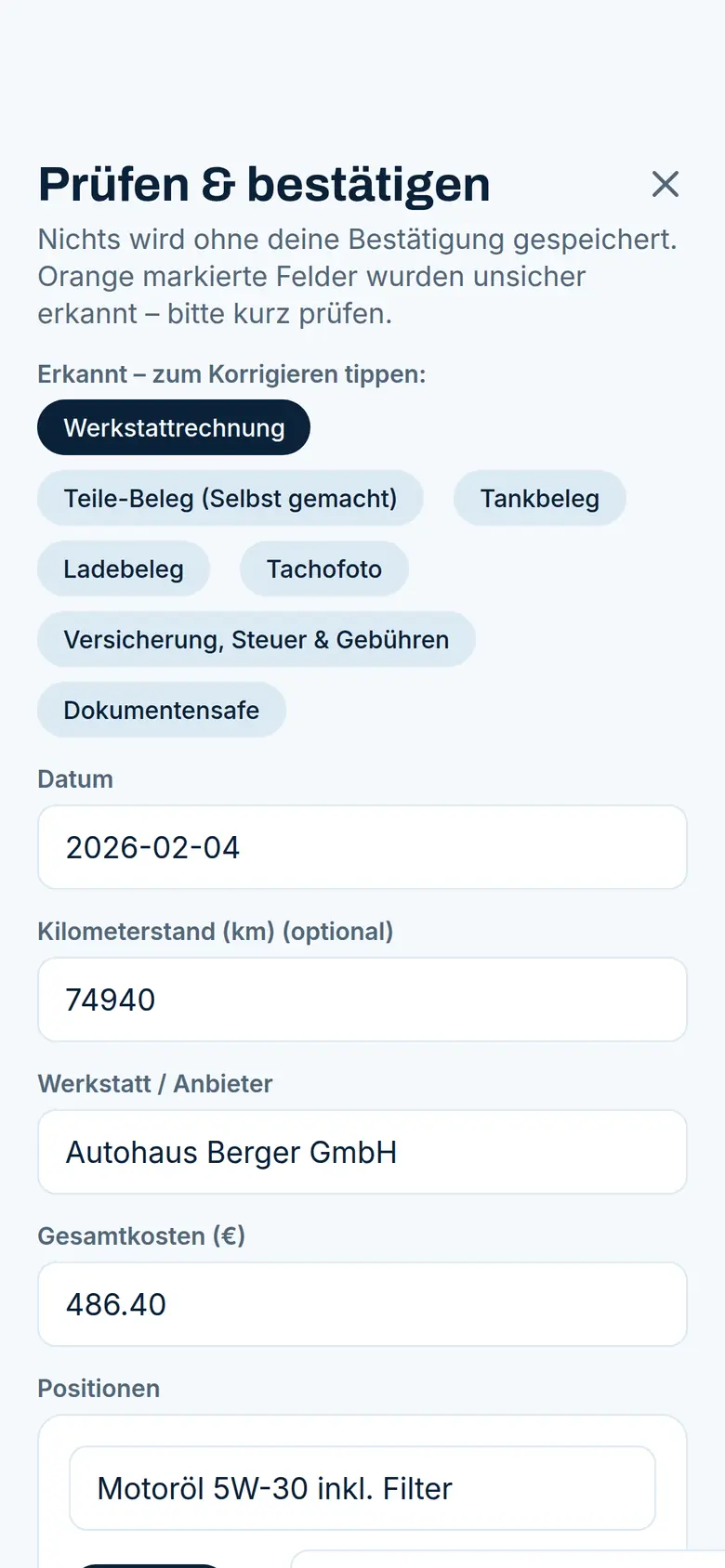 Prüfen-und-bestätigen-Bildschirm der Berta-App: Datum, Kilometerstand, Werkstatt und Gesamtbetrag wurden automatisch aus der Werkstattrechnung ausgelesen