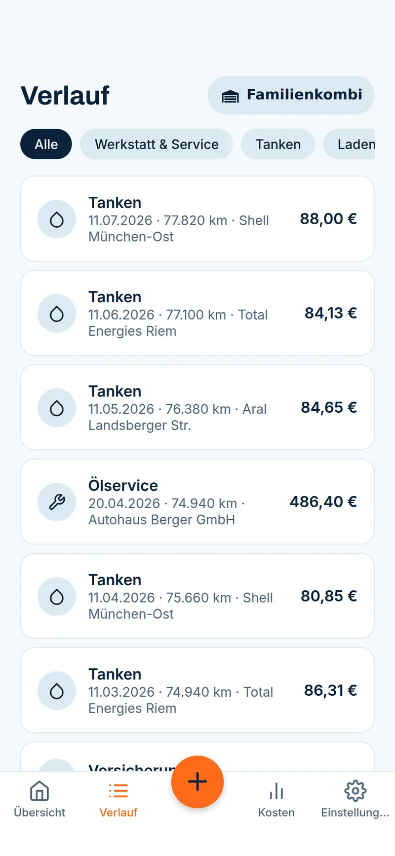 Verlauf der Berta-App mit Tank- und Service-Einträgen samt Datum, Kilometerstand und Betrag