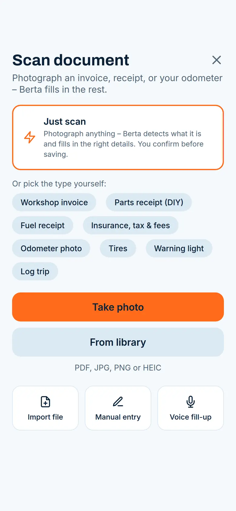Berta app scan screen with the document type picker and the take-photo button