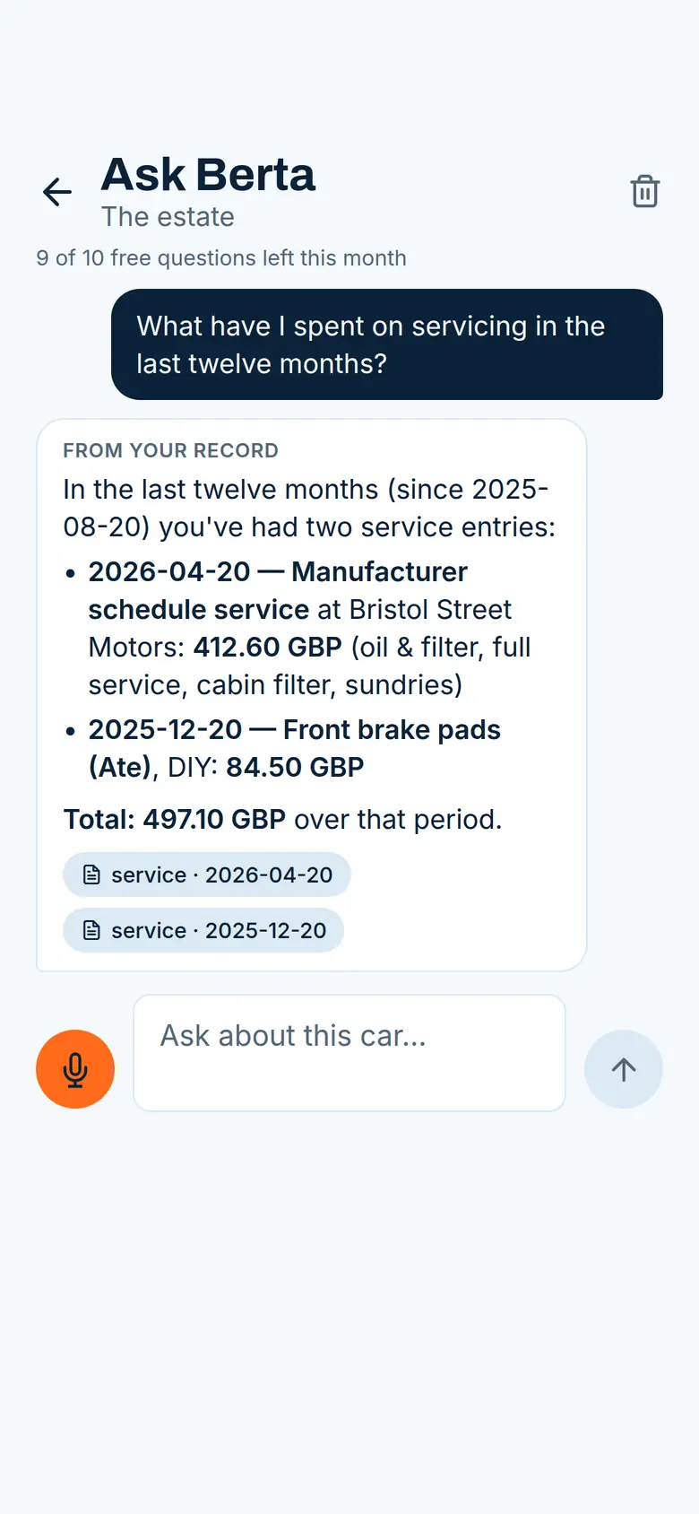 Ask Berta screen in the Berta app: the question about servicing spend over the last twelve months, and below it Berta’s answer listing each garage visit, the total and links to the underlying receipts