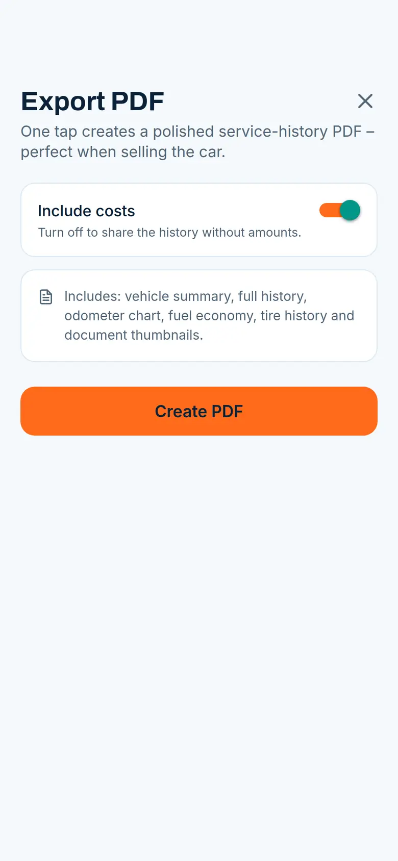 Berta app export screen for generating the service-history PDF used when selling