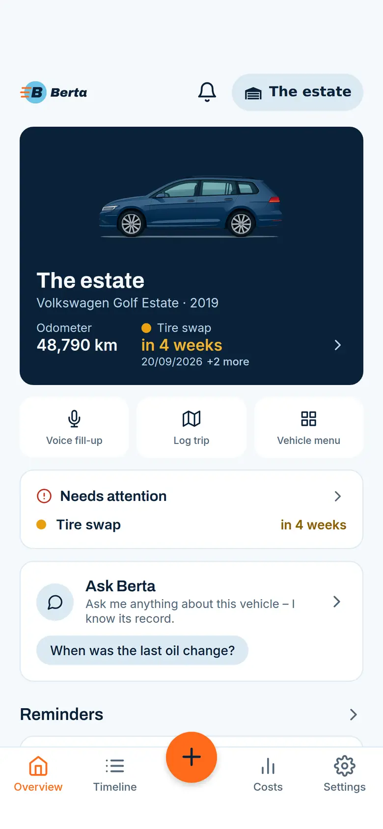 Berta app home screen: vehicle card with an AI illustration of the estate, odometer reading and the next reminder due