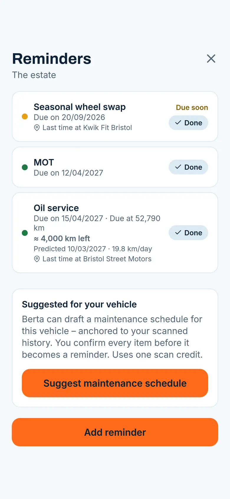 Berta app reminders with due dates for the seasonal wheel swap, MOT and oil service