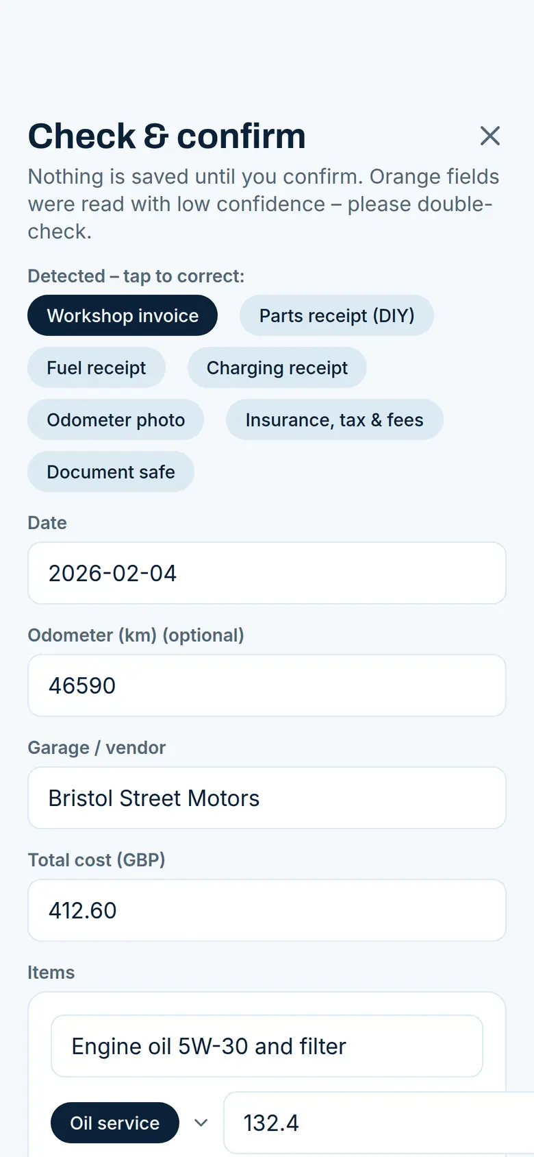 Berta app check-and-confirm screen: date, odometer, garage and total were read automatically from the workshop invoice