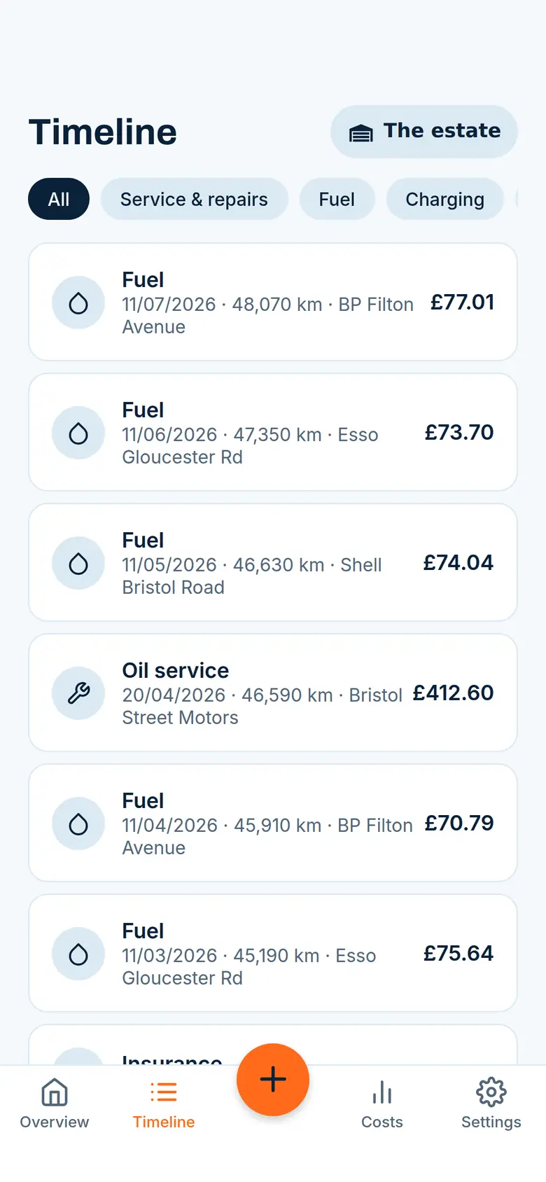 Berta app timeline with fuel and service entries showing date, odometer and amount